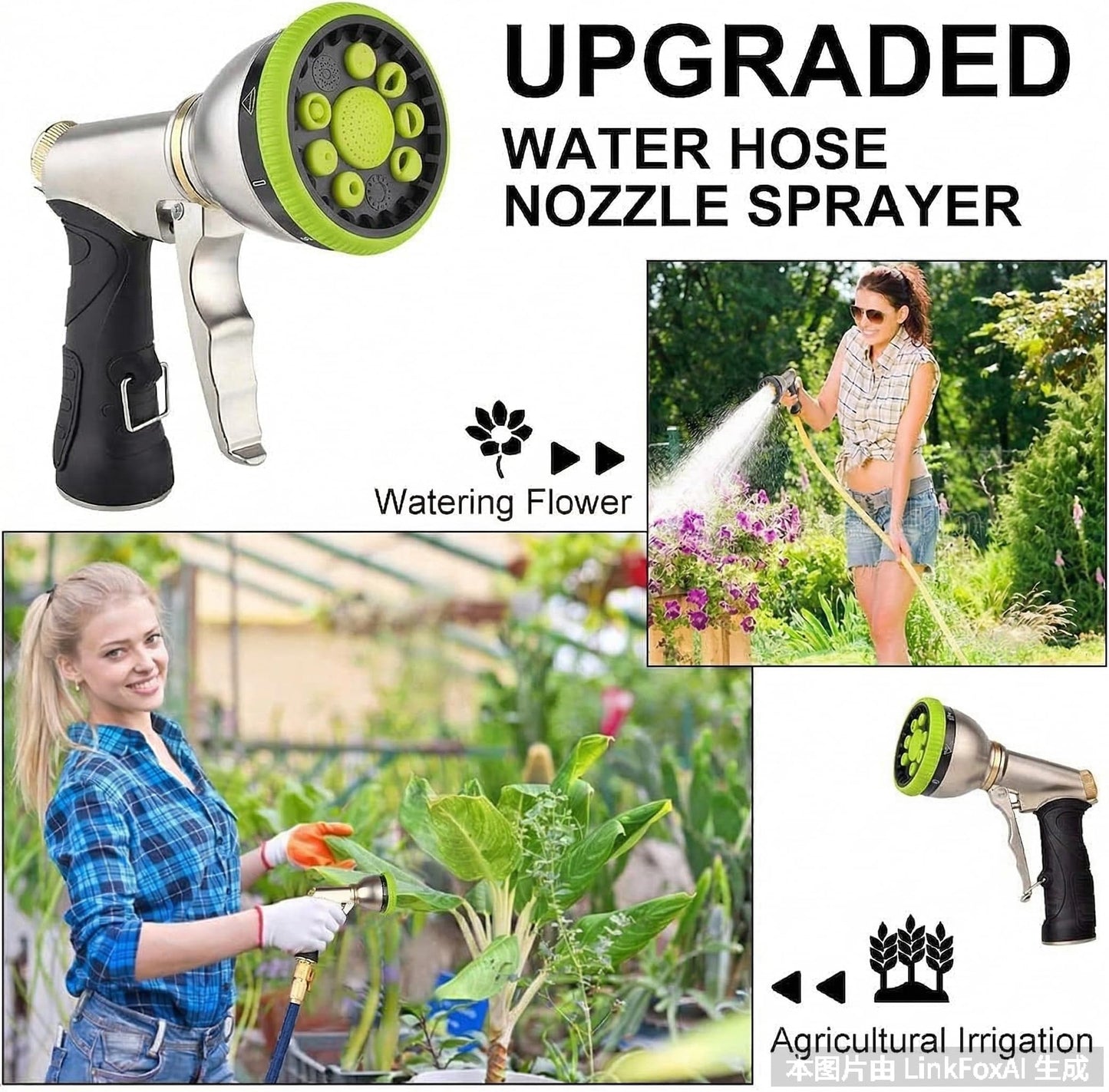 Garden Hose Nozzles 9 Adjustable Patterns Hose Spray Nozzle Heavy Duty Metal Hose Nozzle Spray Slip Resistant Water Sprayer for Cleaning/Watering Lawn Garden/Pets Shower/Car Washing (Green)