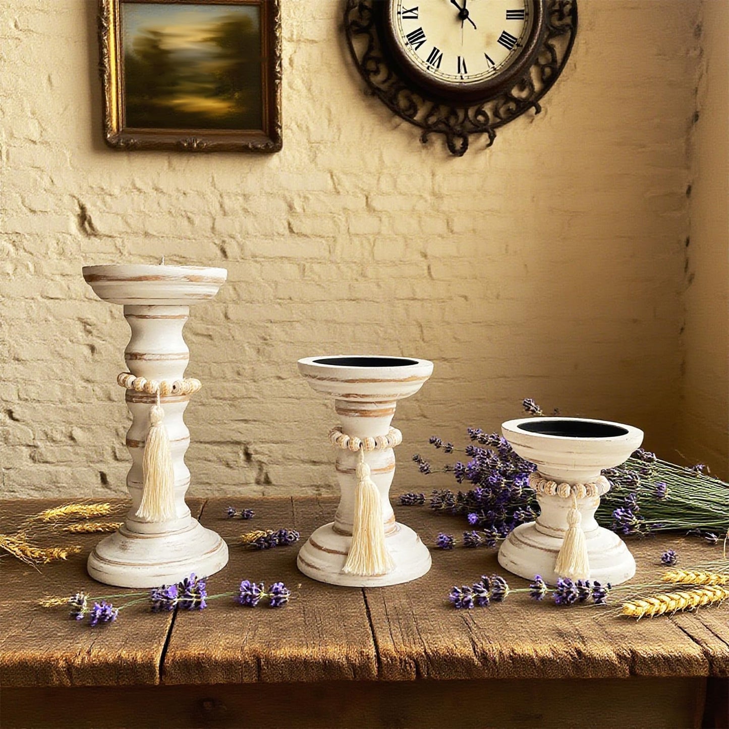 cachiv Wood Candle Holders for Pillar Set of 3 Rustic Candles Holder Tall Candlestick Stand for Farmhouse Decor Fireplace Table Centerpieces