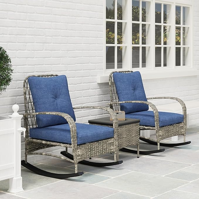 Outsunny 3 Piece Wicker Patio Furniture Set, PE Rattan Rocking Chairs