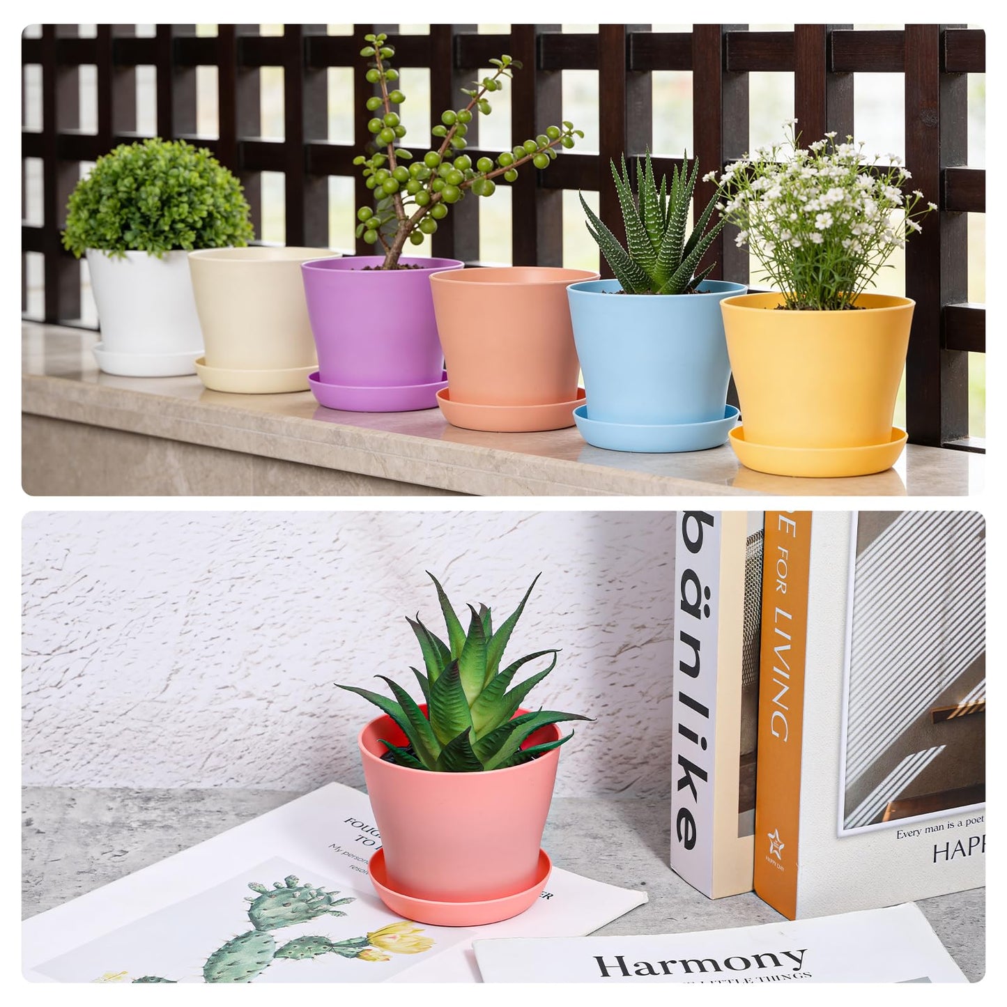 PercyEffie 50 Pack 4 Inch Plant Pots, Bulk Small Plastic Planters with Drainage Holes and Saucers Flower Pot for Flowers, Succulent, Cactus, Seed Starting Pots, Colorful
