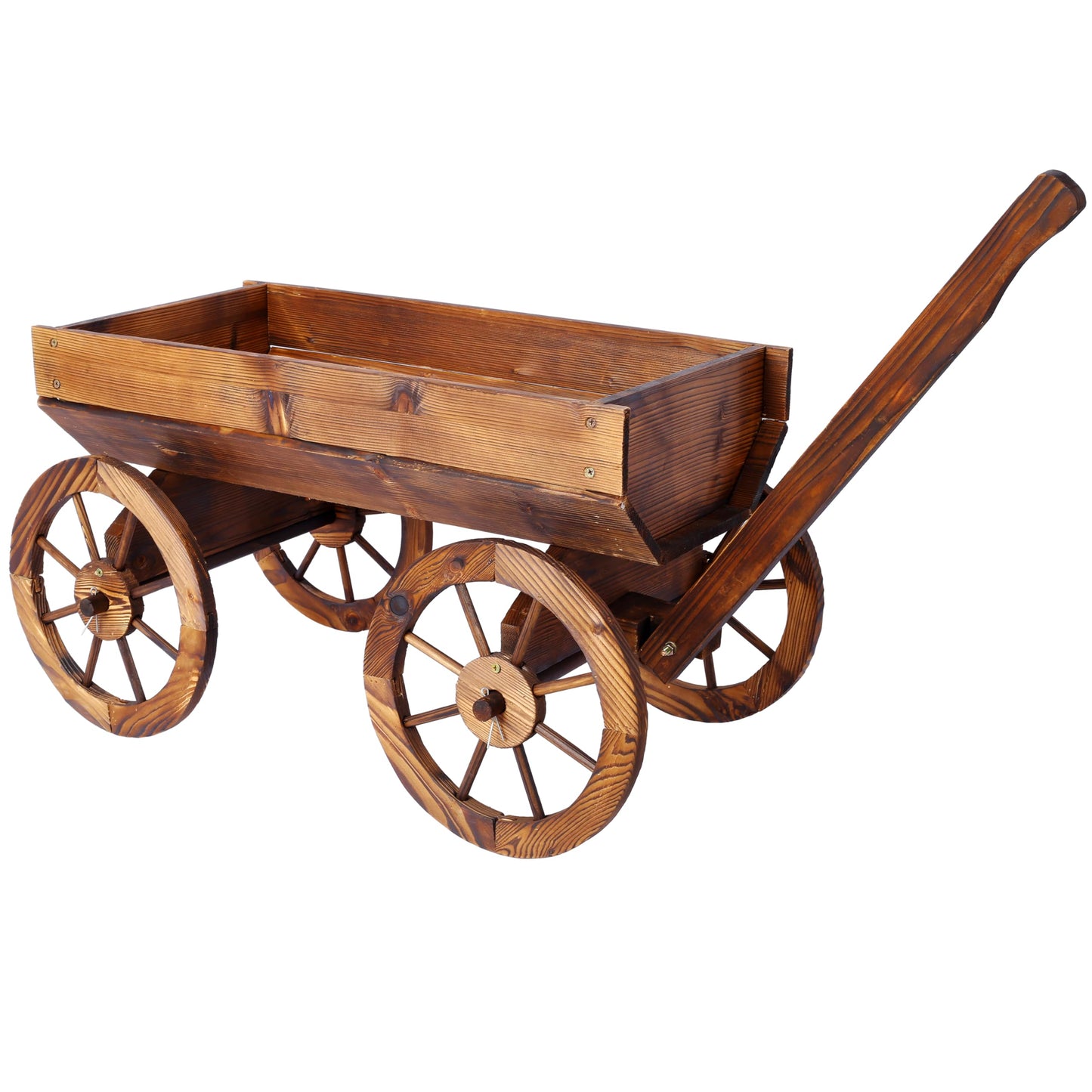 LifeSky Wooden Garden Cart Planter Wagon: Rustic Solid Wood Construction with Four Wheels & Handle - Farmhouse Style Outdoor Decor for Patio Garden Design & Plant Display