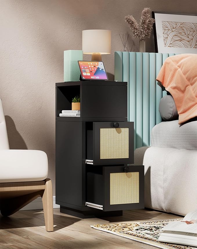 YMYNY Rattan Nightstands Set of 2, Boho Bedside Table