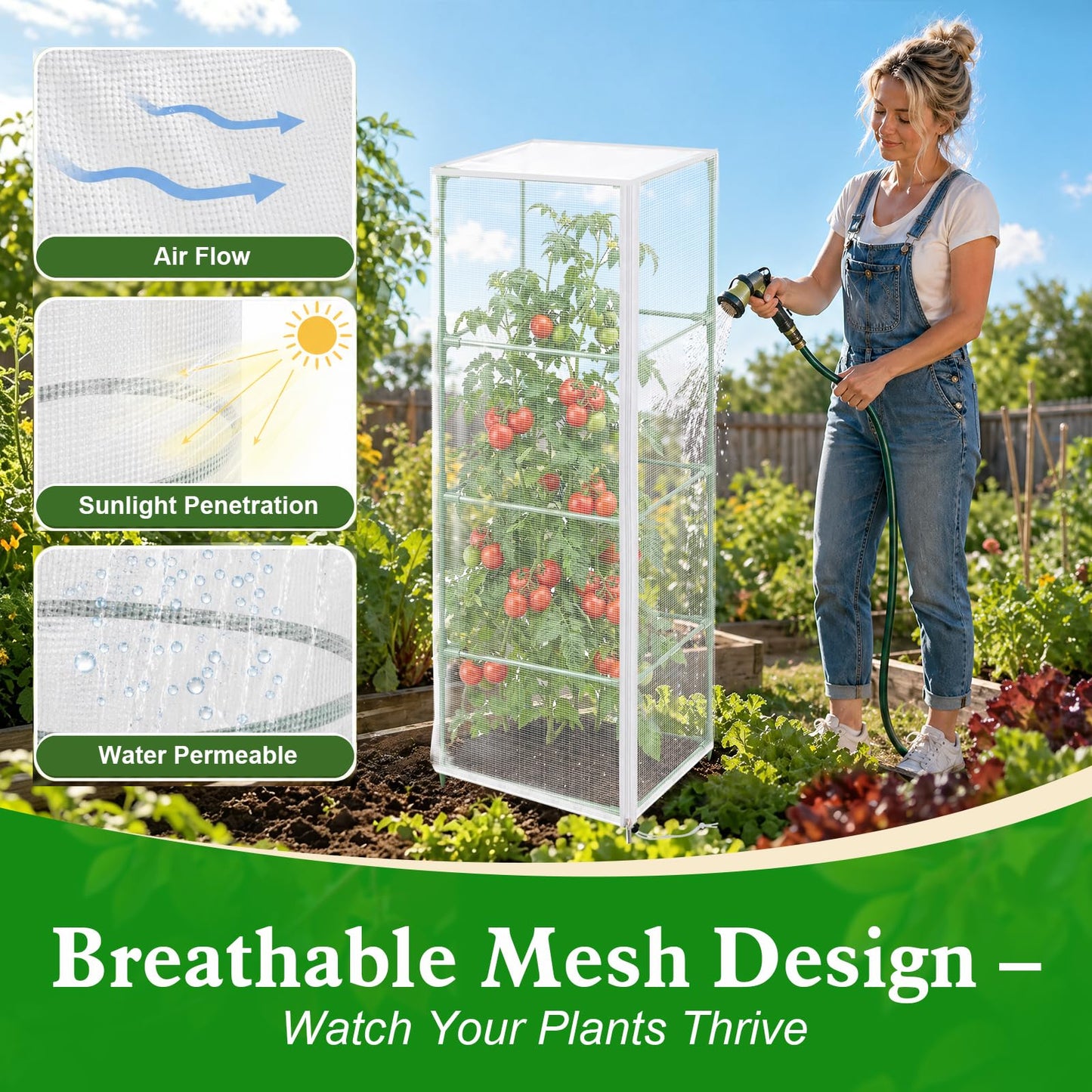 6 Pcs Tomato Netting for Garden Protection, 57" X 17.7" X 17.7" Square Tomato Cage Insect Barrier Plant Netting Mesh Cover with Zipper & Drawstring, for Vertical Climbing Plants Vegetables Fruits
