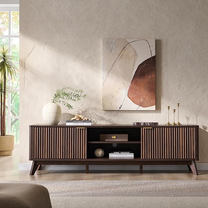 OKD 70" Mid Century Modern Fluted TV Stand, Entertainment Center, Media Console