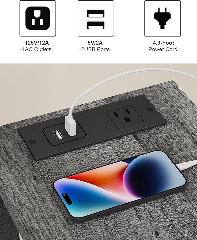 TUTOTAK Small End Table with Charging Station, Narrow Side Table with USB Ports