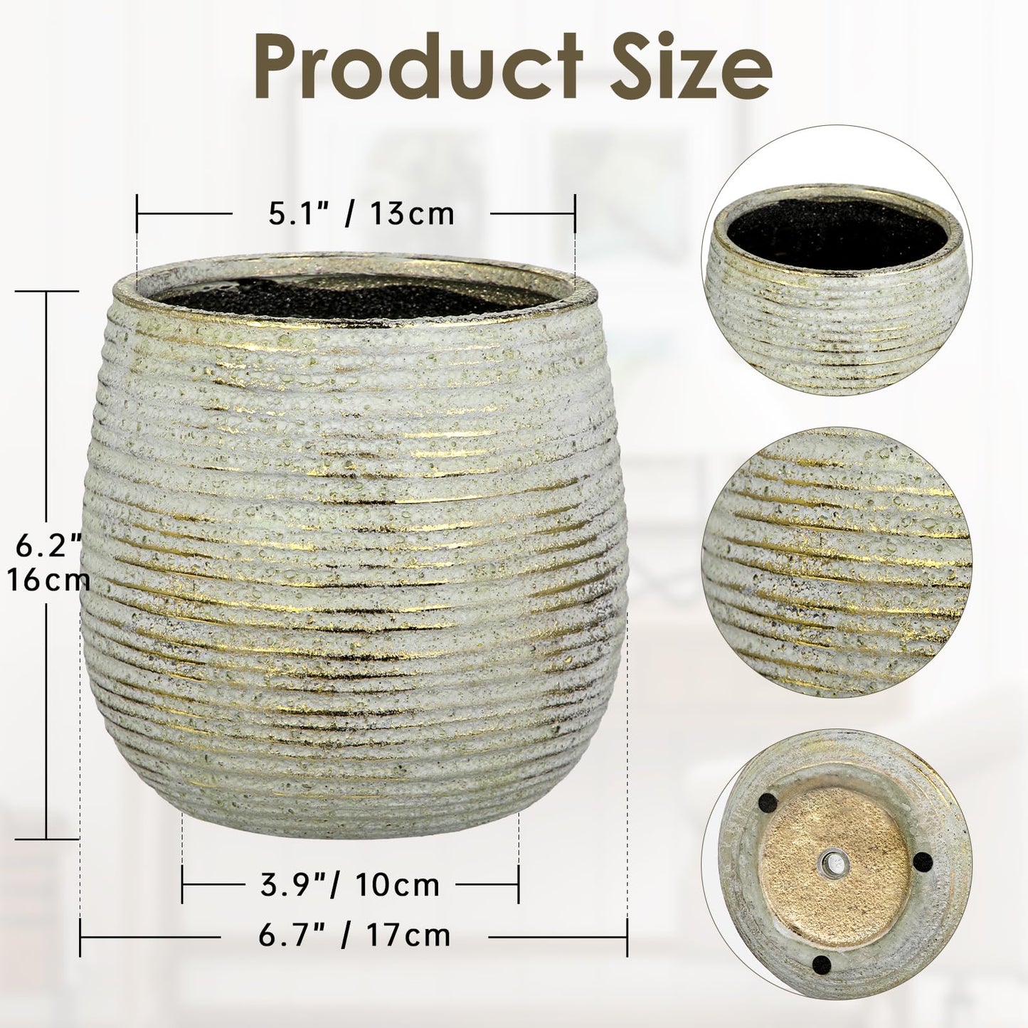 DILATATA Ceramic Pots with Drainage Hole 6.7 Inch Flower Plant Pot Indoor Round Planter Pot for Succulents, Cacti, Cactus, Snake Plants Home Decor - Gold