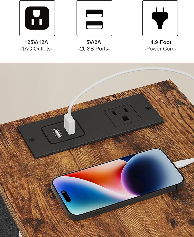 TUTOTAK Small End Table with Charging Station, Narrow Side Table with USB Ports