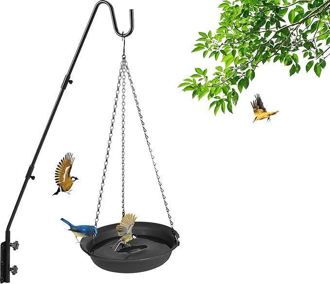 VUWEZ Hanging Bird Bath, Hanging Bird Water Feeder for Outdoors, Feeder Bowl, 1 Pack Birdbath Tray Accessories for Outside, Plastic Birdbaths Tray for Garden Patio Decoration (8", Dark Black)