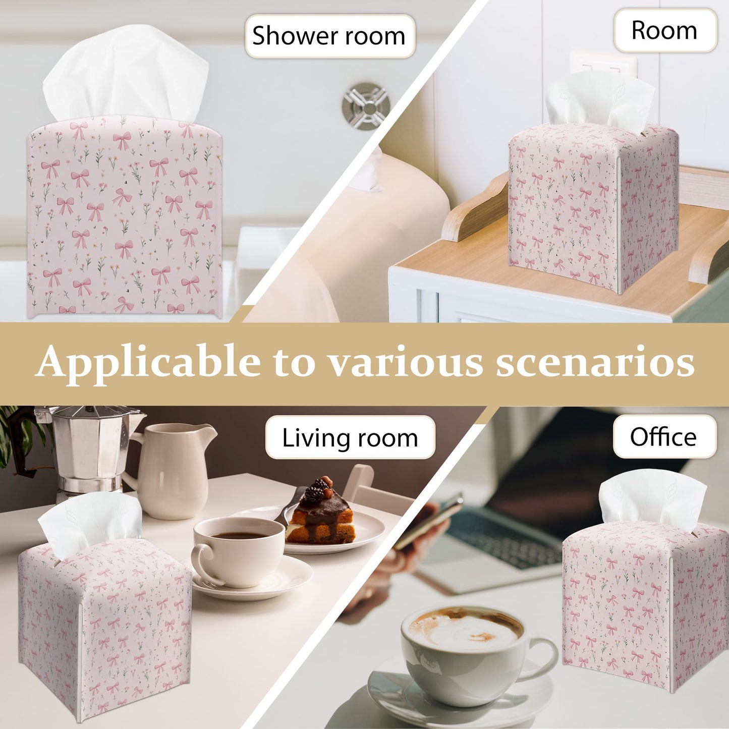 Pink Bows With Ditsy Flowers Tissue Box Cover, Girly Cute Floral Prints Tissue Box Cover Square-Waterproof Leather, Desktop Decor for Kitchen, Bathroom, Nightstand, Office, Gift for Women & Friend-A24