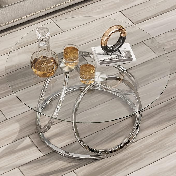 O&K FURNITURE Silver Coffee Table, Modern Glass Coffee Table Living Room Table