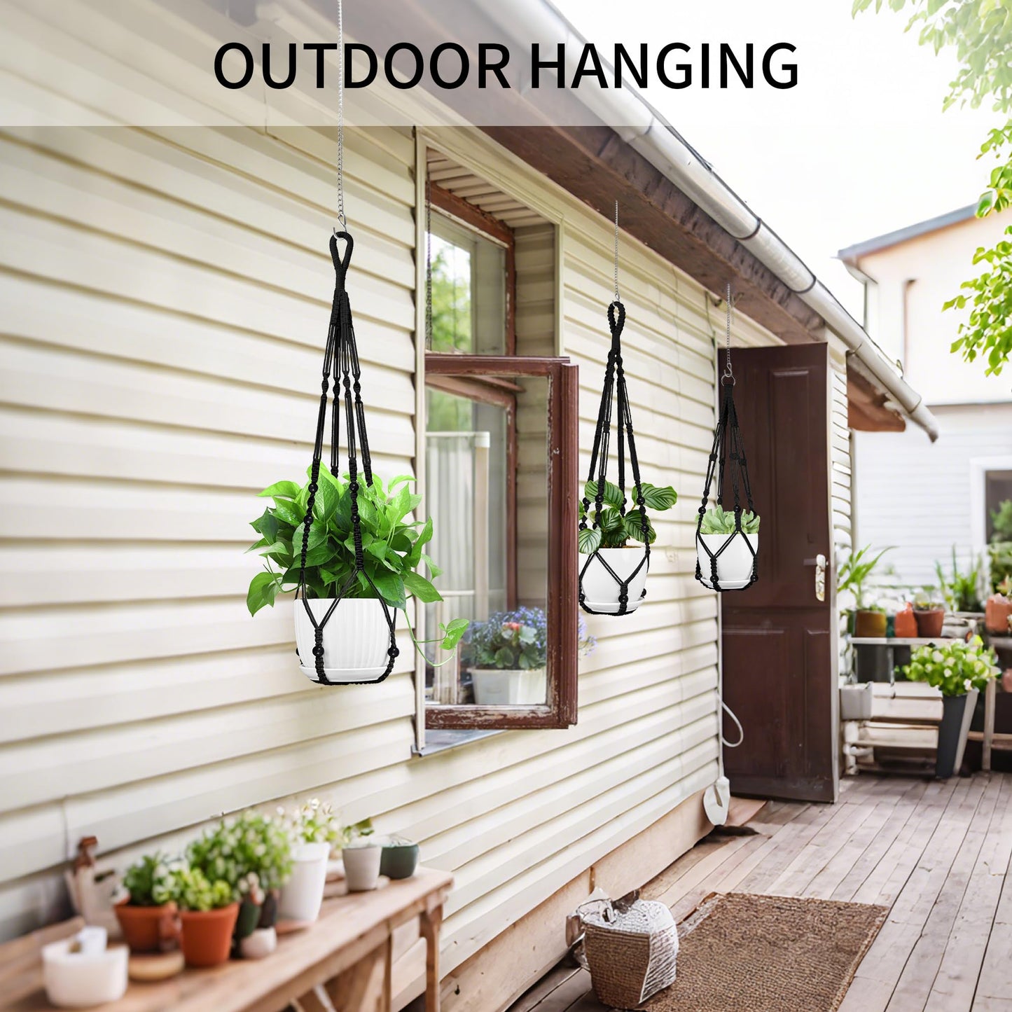 IDEEEPAN Macrame Plant Hanger - Fits 4 to 13 inches Pots for Indoor Outdoor, 35"/29"/23" Different Sizes Set, Black (POTS NOT Included)