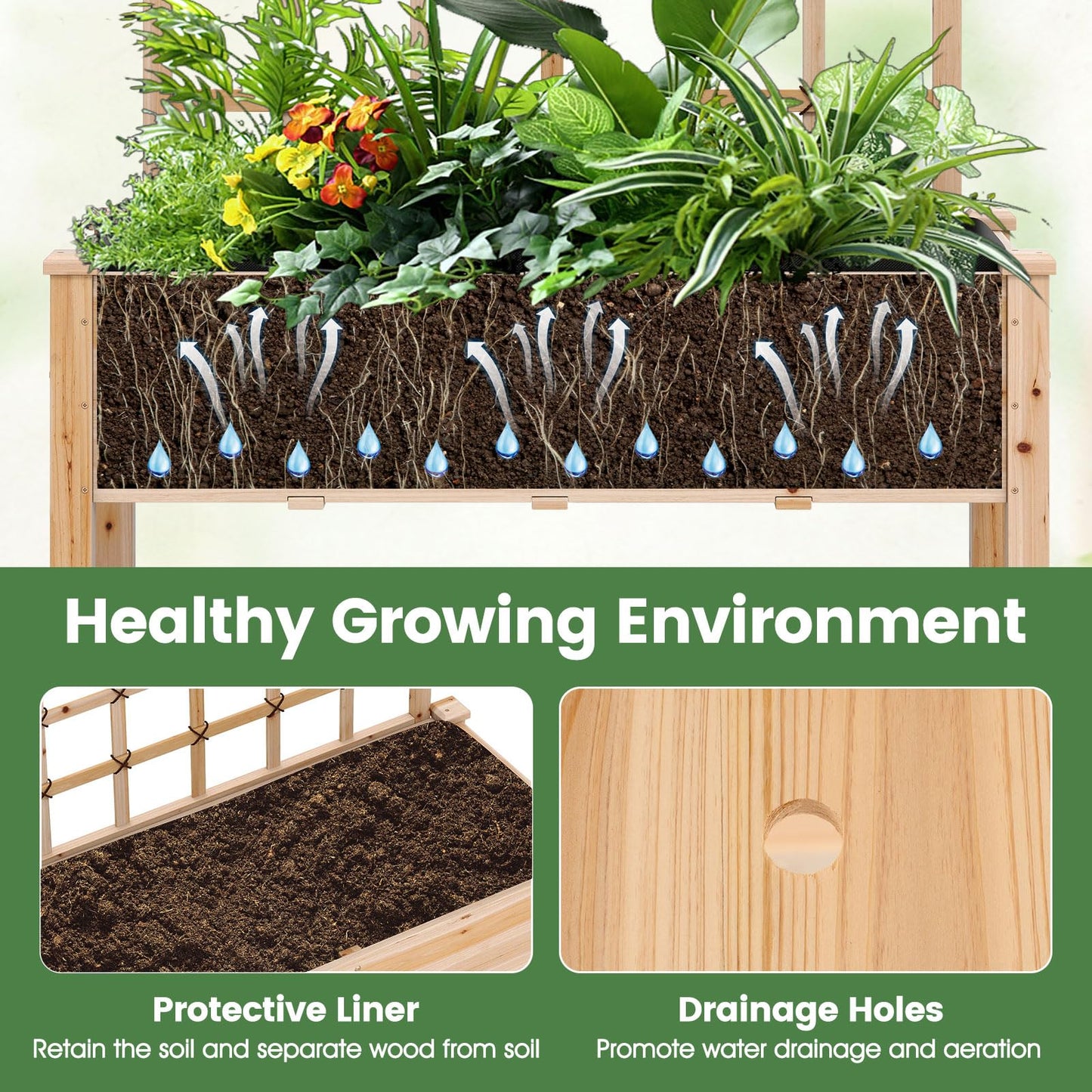 Giantex 65'' Wooden Raised Garden Bed w/Trellis on Wheels, Mobile Elevated Planter Box w/Legs, Liner & Drainage Holes for Climbing Plant Vegetable Herb Flower, Outdoor Garden Box, Backyard Balcony