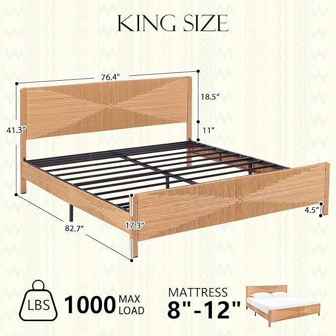 Yechen Hand-Woven PE Rattan King Bed Frame