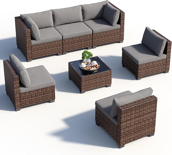 Qsun 7 Pieces Patio Furniture Set, Outdoor Sectional Rattan Sofa Set, Wicker