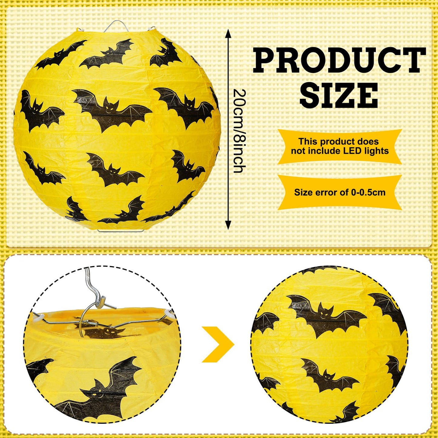 Glooglitter 12 Pcs Bat Paper Lanterns Hanging Decorations Yellow & Black Bat Theme Party Supplies for Birthday Baby Shower Halloween Party Ceiling Decor, 8 Inch