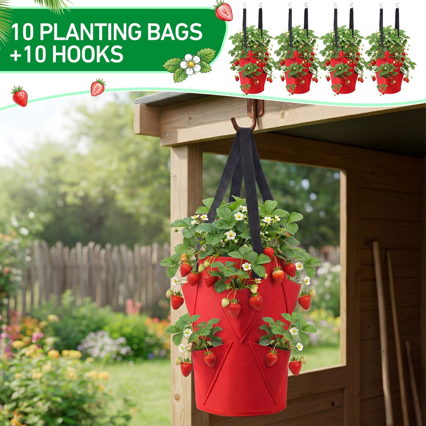 SATINIOR 10 Pack Upside Down Strawberry Planter Set Hanging Vegetables Grow Bags with 10 S Hooks, 3 Gallon Fabric Planting Bags for Easy Vertical Gardening(Red)