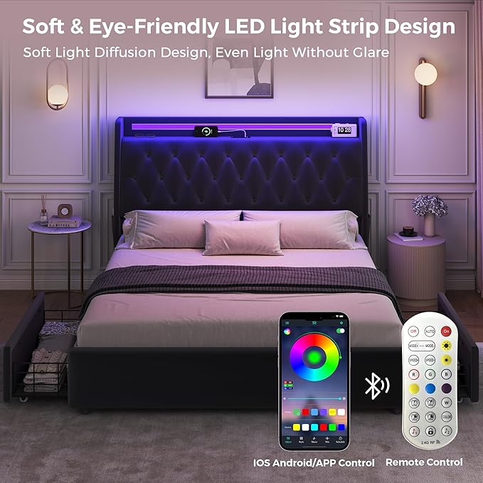 Full LED Velvet Bed Frame with 2 Storage Drawers&Hidden Headboard, Upholstered
