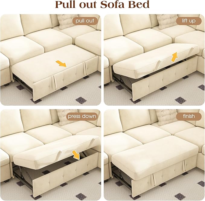 Ihanherry 106-inch Large L-Shaped Sectional Sofa Bed, 7-Seater Convertible Pull