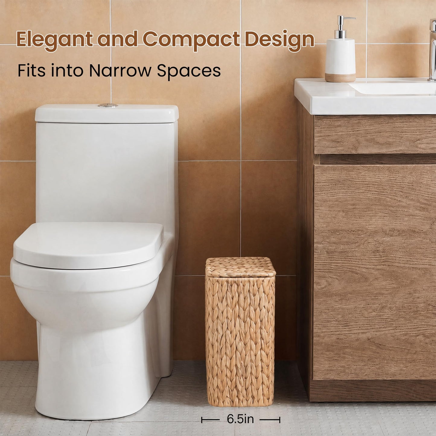 Felthritn Wicker Trash Can,3 Gallon Bathroom Trash Can with Lid,Handwoven Water Hyacinth Rattan Waste Basket with Removable Liner and Built-in Handles for Bedroom,Toilet,Narrow Spaces