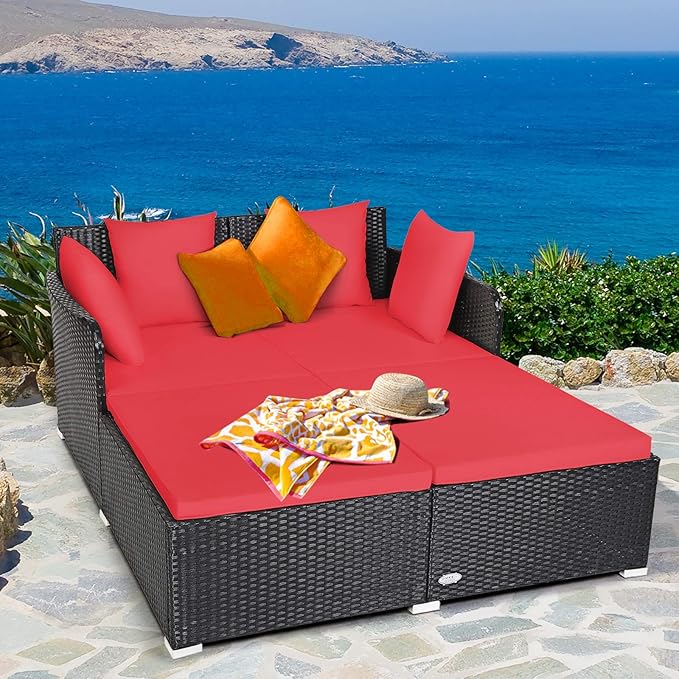 COSTWAY Outdoor Patio Rattan Daybed, Sponge Cushioned Loveseat Sofa