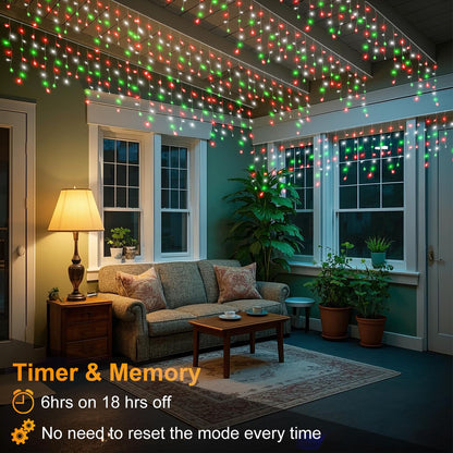 66ft Icicle Lights for Outside, Red White and Green Christmas Lights Outdoor Indoor, 640 LED Twinkle String Light with 120 Drops, Clear Wire Connectable Timer for Thanksgiving Room Home Wall Bedroom