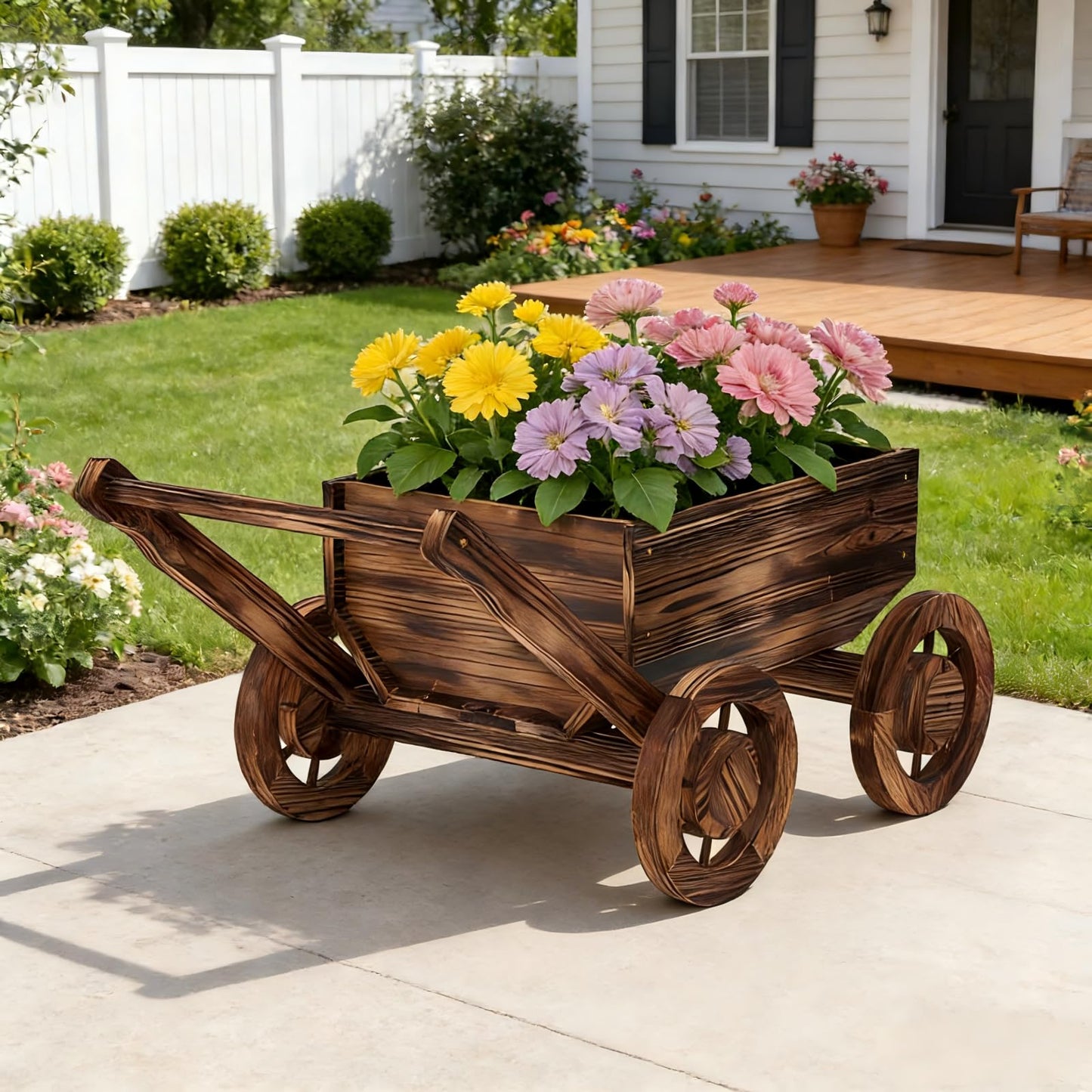 Wooden Flower Cart with Wheels Wooden Wagon Planter Outdoor Garden Planter Decor Planter for Patio Balcony Trolley Decoration Succulent Flower Pot, Indoor Backyard Balcon Decor（Large）