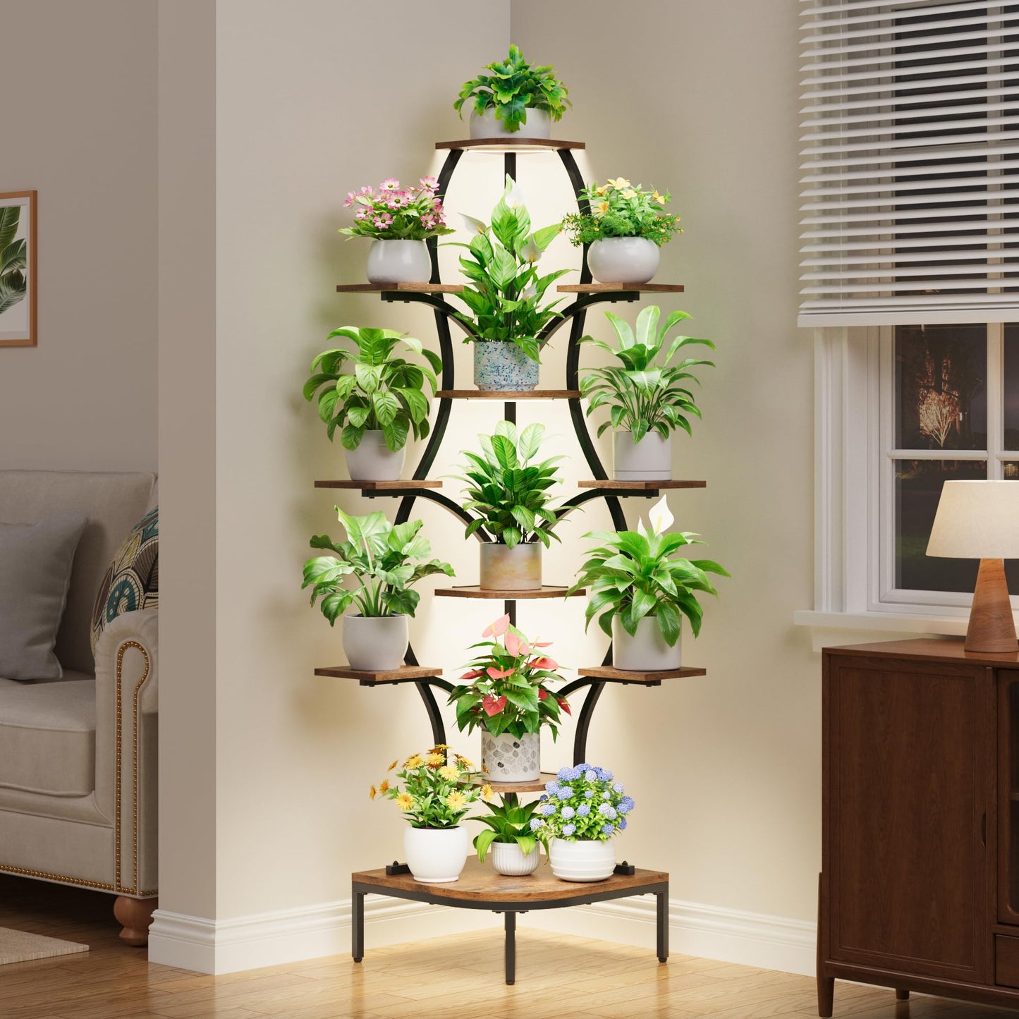 LATIBELL 72'' Tall Corner Plant Stand Indoor with Grow Light - 11 Tiered Metal Plant Shelf for Indoor Plants, Curved Display Rack Capable of Holding Large Pots in Living Room, Patio & Balcony, Black