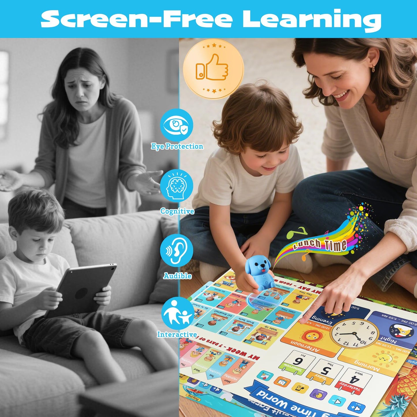 Learning Poster Mat with Talking Pen for Preschool Early Education Learning Toys, Talking Posters for Toddlers Ages 2-4 Grandkids, Interactive Sensory Autism Toys for Birthday Gifts