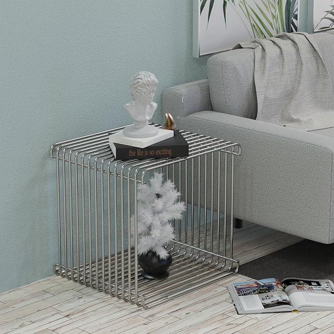 Square Geometry Retro Side Table Prime-Stainless Steel Linear Metal End Table