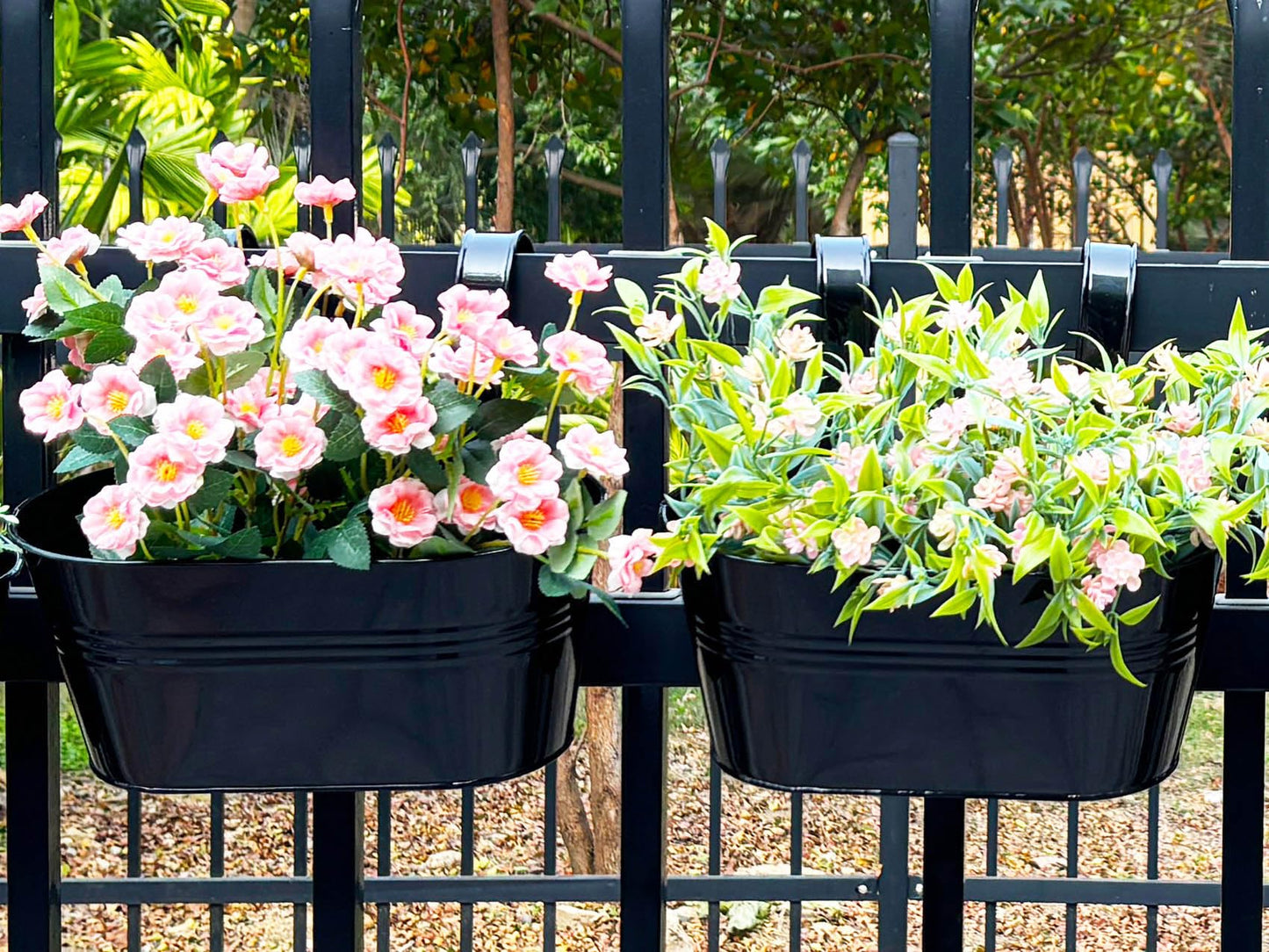 Joyfernal 12" Balcony Railing Planters, Outdoor Hanging Planter for Fence, Stylish Metal Porch Deck Flower Pot for Herbs & Succulents (Black, Pack of 2)