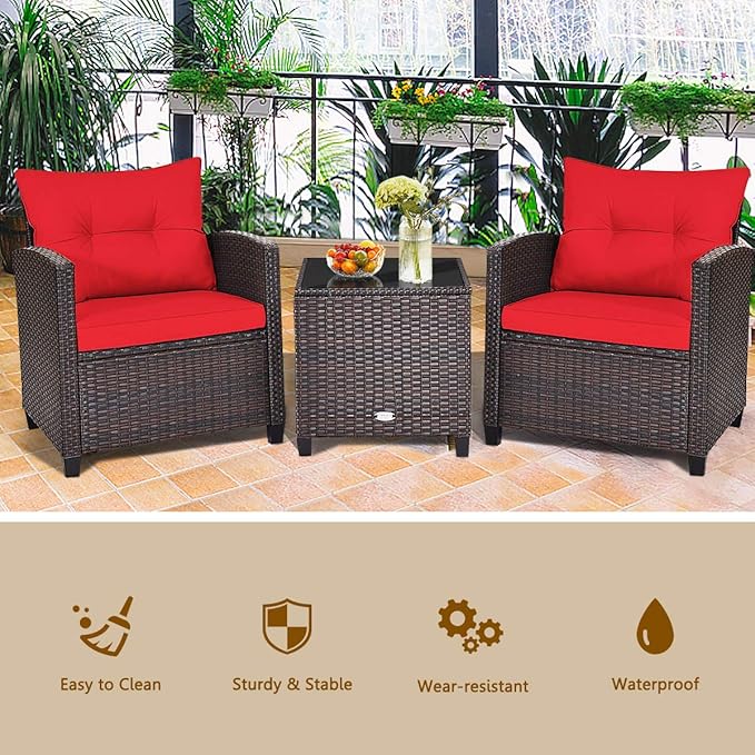 HAPPYGRILL 3 Pieces Patio Conversation Set, Outdoor Furniture Set PE Rattan