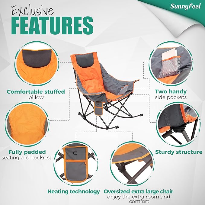 SUNNYFEEL Oversized Heated Rocking Camping Chair, Fully Padded Patio Chair