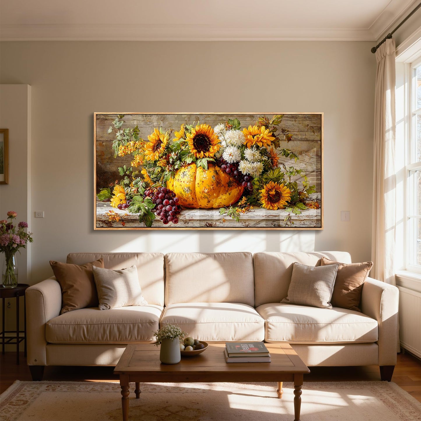 SERIMINO Oversized Wall Art, Flower Wall Art, Framed Artwork for Walls, Sunflower Botanical Prints, Pumpkin Fruit Large Painting, Rustic Pictures Wall Decor Living Room Dining Room Farmhouse 29"x57"