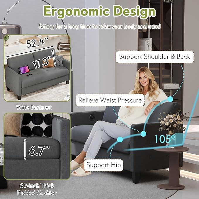 STHOUYN Comfy Loveseat Sofa Small Grey Couch, Small Love Seat Bedroom, Mid