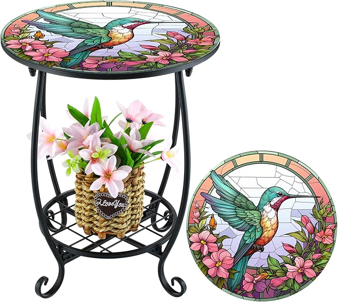 Cinnvoice Outdoor Side Table Round Small Mosaic Patio Accent Indoor End Plant