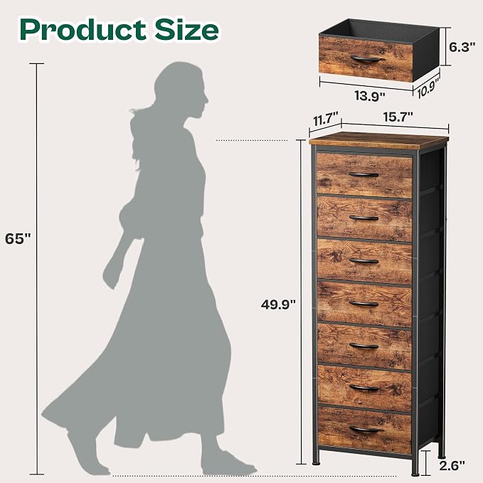 Huuger Tall Dresser for Bedroom, 7 Drawer Dresser & Chests of Drawers, Fabric Drawer for Closet, Bedroom, Night Stand, Metal Frame, Storage Tower with Fabric Bins, Rustic Brown