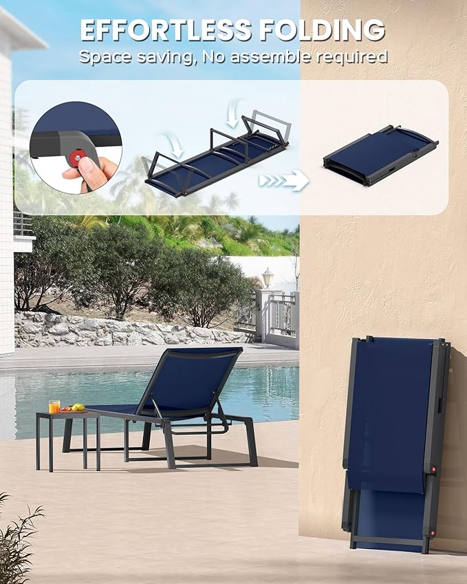 Aluminum Chaise Lounge Chair Outdoor, Foldable& No Assembly Patio Pool Lounge