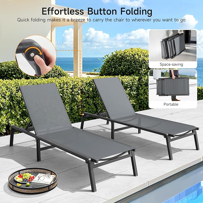 ONBRILL Aluminum Chaise Lounge Chair Outdoor, Foldable & Assembly Free Outdoor