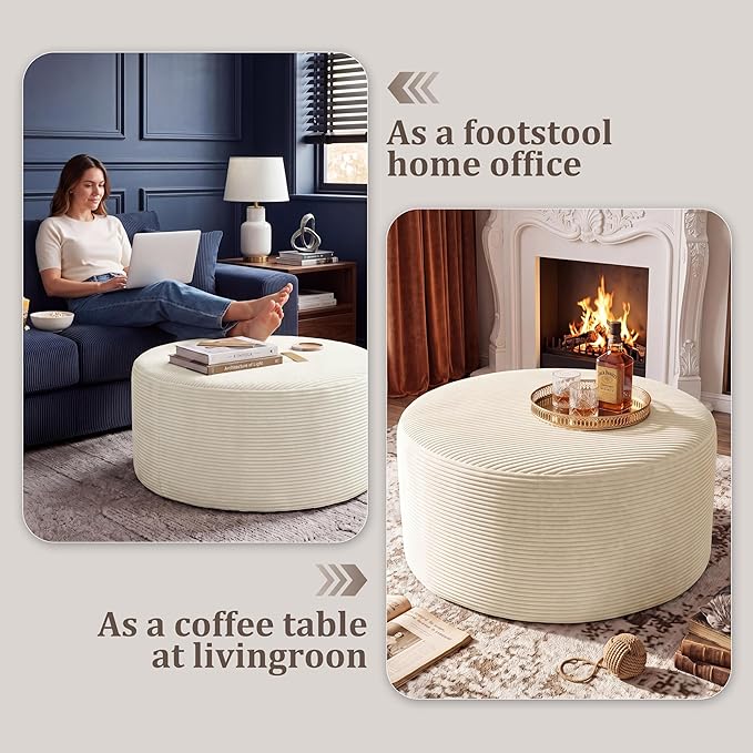 BSHOMGI Round Ottoman, Corduroy Ottomans Foot Stool, 27.5" Pouf Footstool