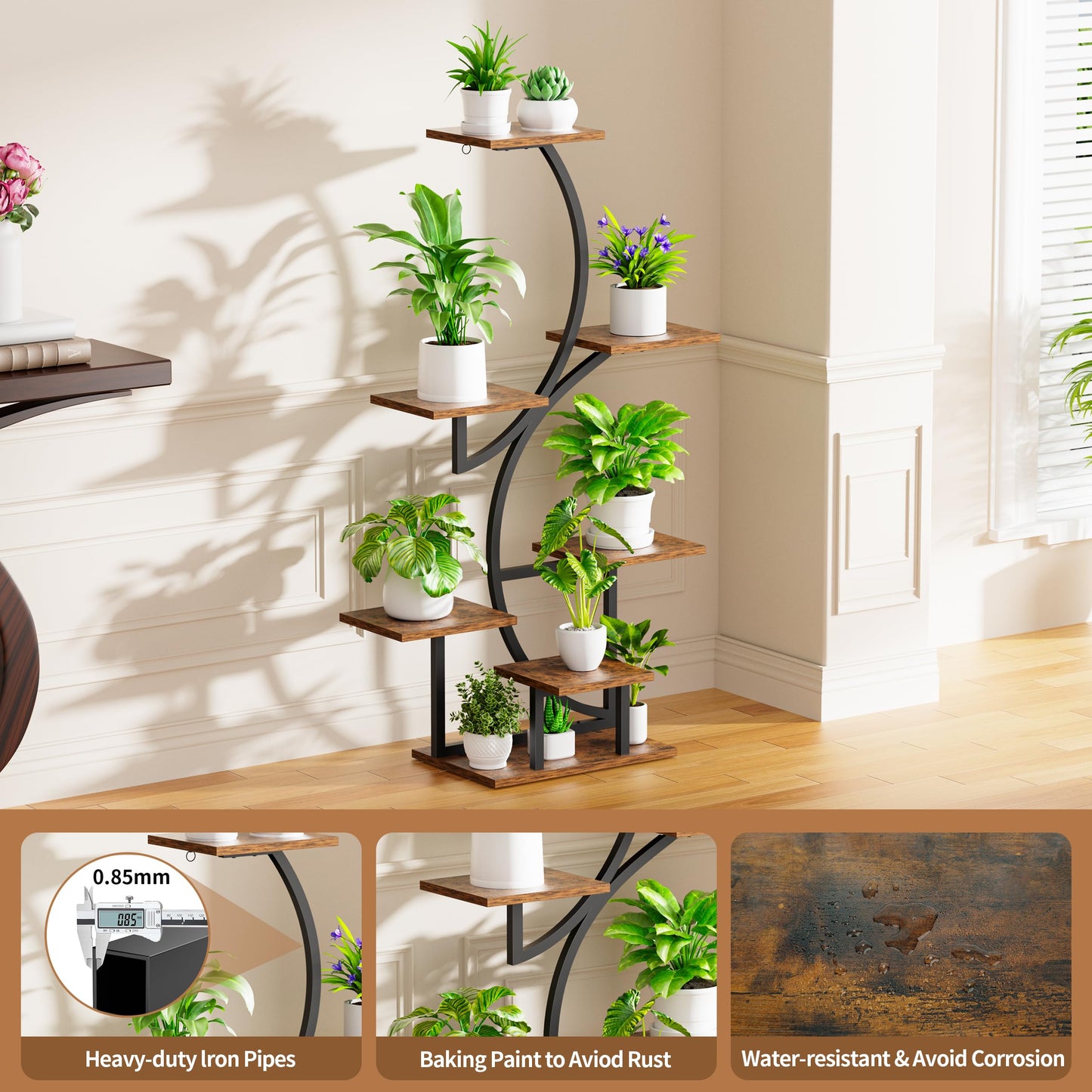 BACEKOLL Plant Stand Indoor with Grow Lights, 7 Tiered Plant Shelf Indoor, 44" Corner Plant Stands for Indoor Plants, Tall Plant Flower Display Shelf, S-Shaped Plant Rack for Home, Living Room, Black
