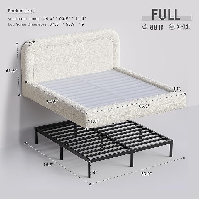Homkdom Cloud Bed Frame with Headboard, Upholstered Soft Full Bed Frame with