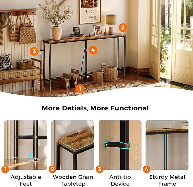 SUPERJARE Console Table with Outlet, 63 Inch Sofa Table with Charging Station
