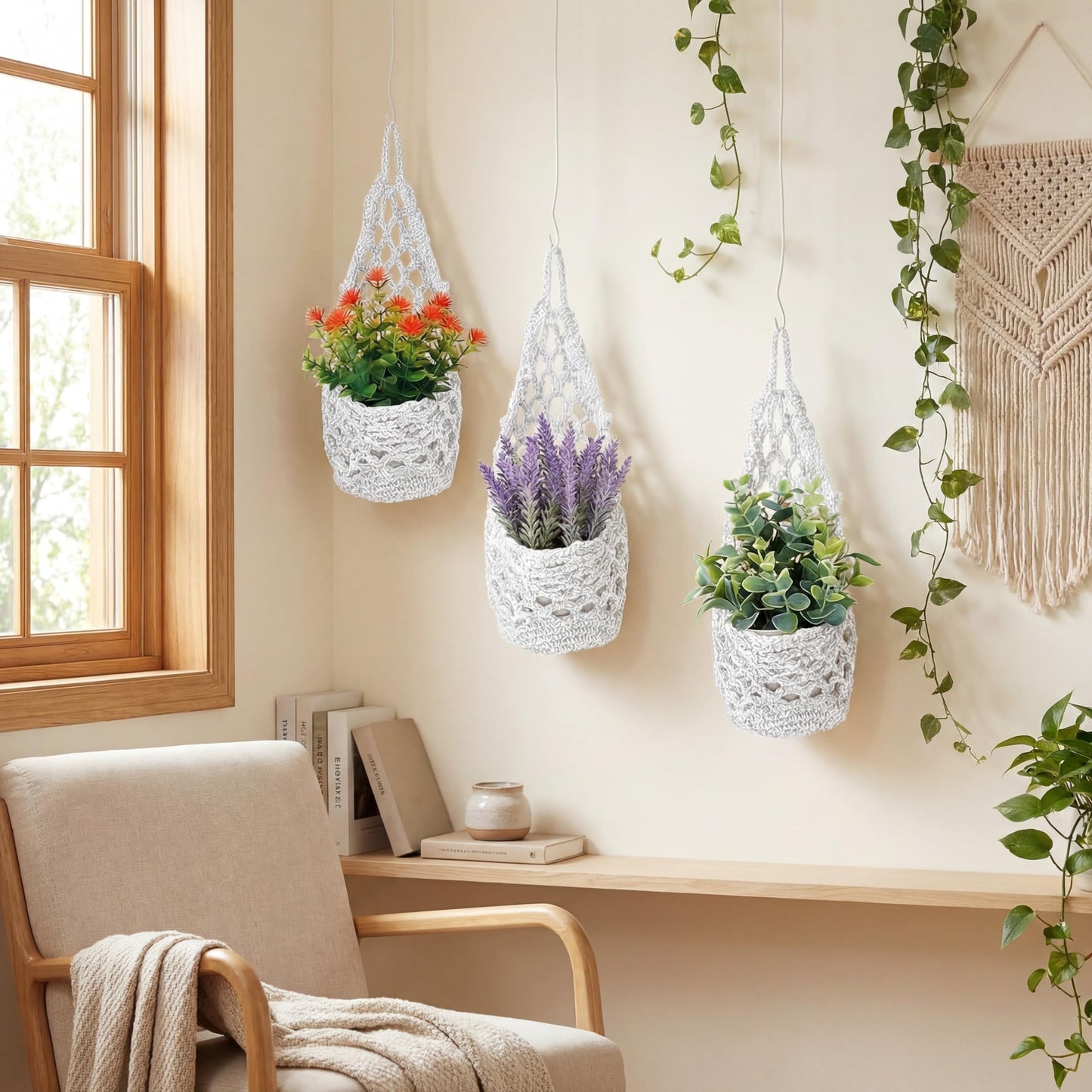GliCraft 10 Pack Macrame Wall Plant Hanger with Artificial Pot Flower - Boho Wall Hanging Planter for Indoor Plant Cotton Rope Holder with Mini Fake Pot Flower for Home Wedding Decor Gift(White)