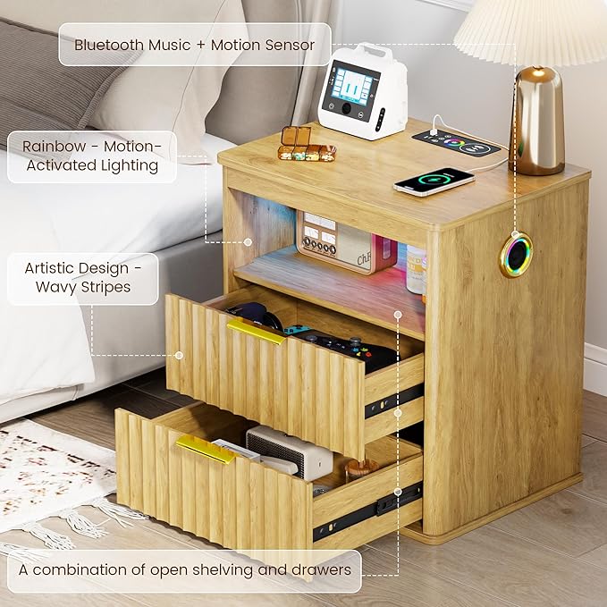 WOOVIVS Modern NightStand with Smart Human Sensor Lights, Bedside Table