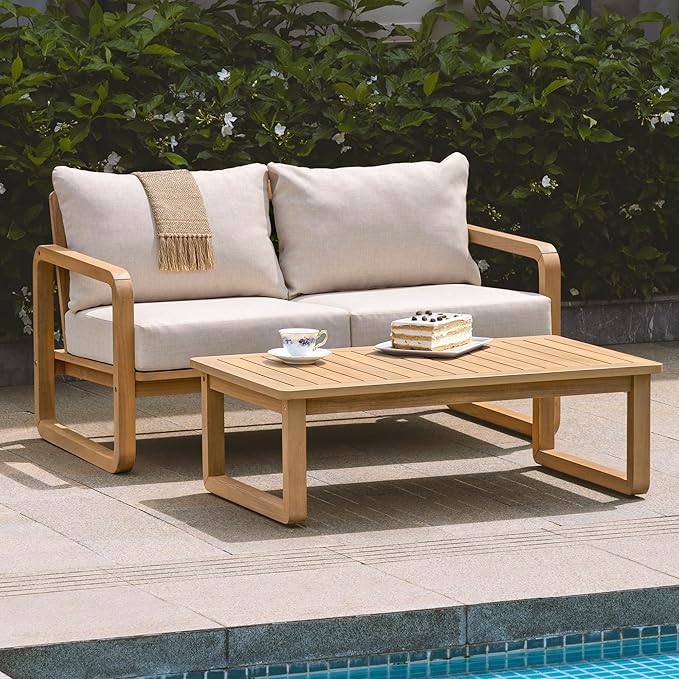 Idzo Ivy Loveseat with Coffee Table – Beige Fabric, 2-Seater Outdoor Sofa Set