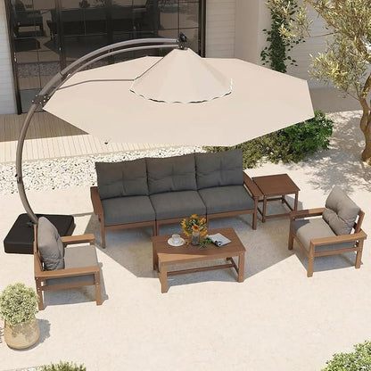HDPE Outdoor Patio Furniture Set, 10-Piece Patio Conversation Set with 3-Seat Sofa, 4 Armchairs, 2 Side Tables & 1 Coffee Table, All-Weather Outdoor Sofa Set for Deck, Porch, Garden (Teak Frame)