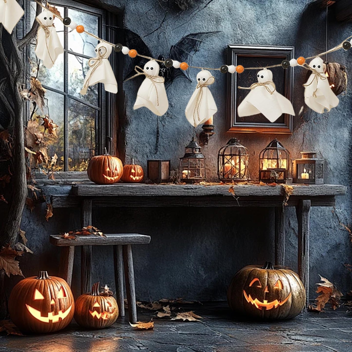 7Ft Halloween Banner Garland with Ghosts & Wooden Beads, Rustic Ghost Banner Hanging Ghost Garlands for Wall Home Indoor Outdoor Fall Decor Supplies(Black)