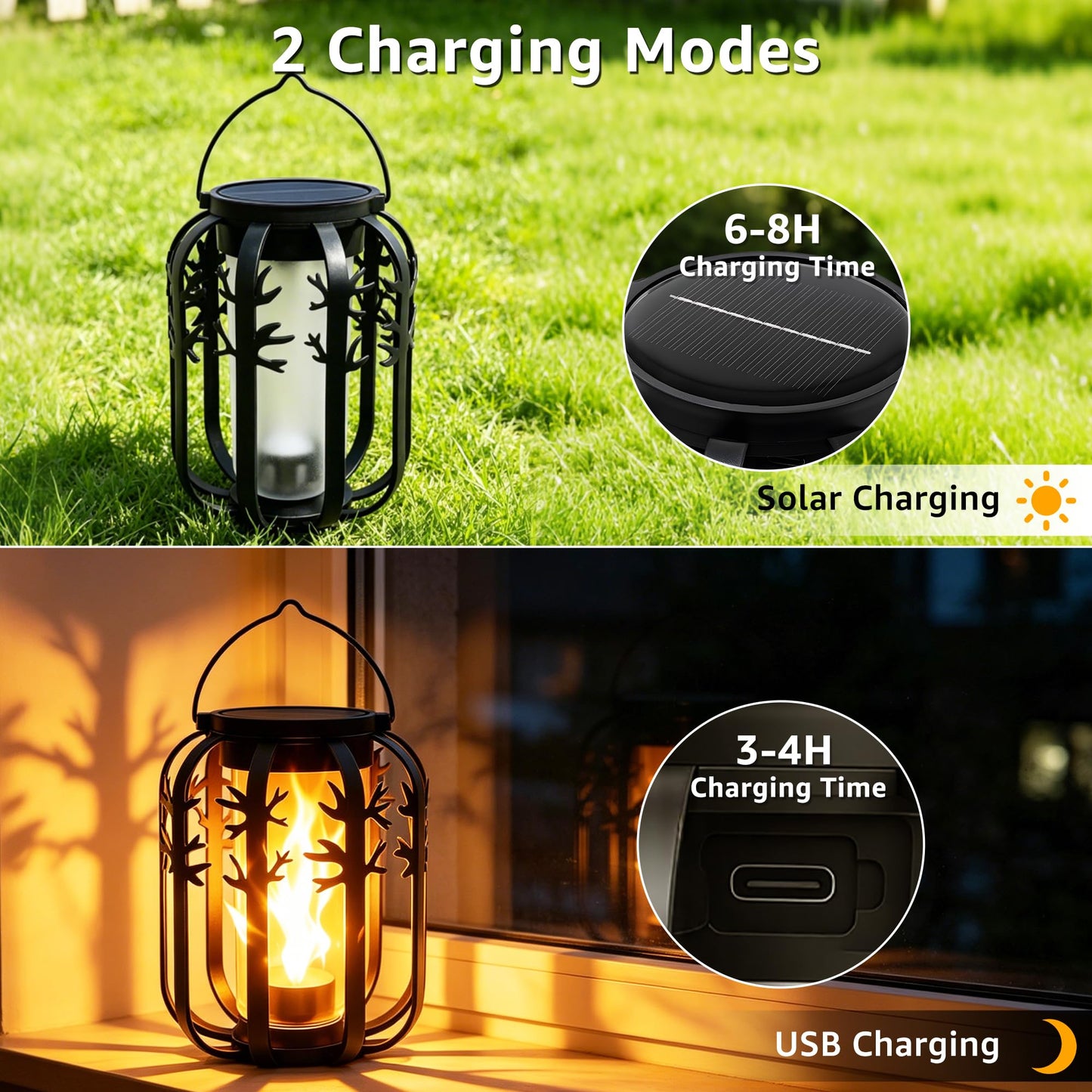 Ollny 2 Pack Solar Lanterns Outdoor Waterproof, Upgraded Flickering Flame Solar Lights Outdoor, Dual Charging (USB/Solar), 4 Modes Hanging Solar Lantern for Yard Patio Path Tree Garden Decor