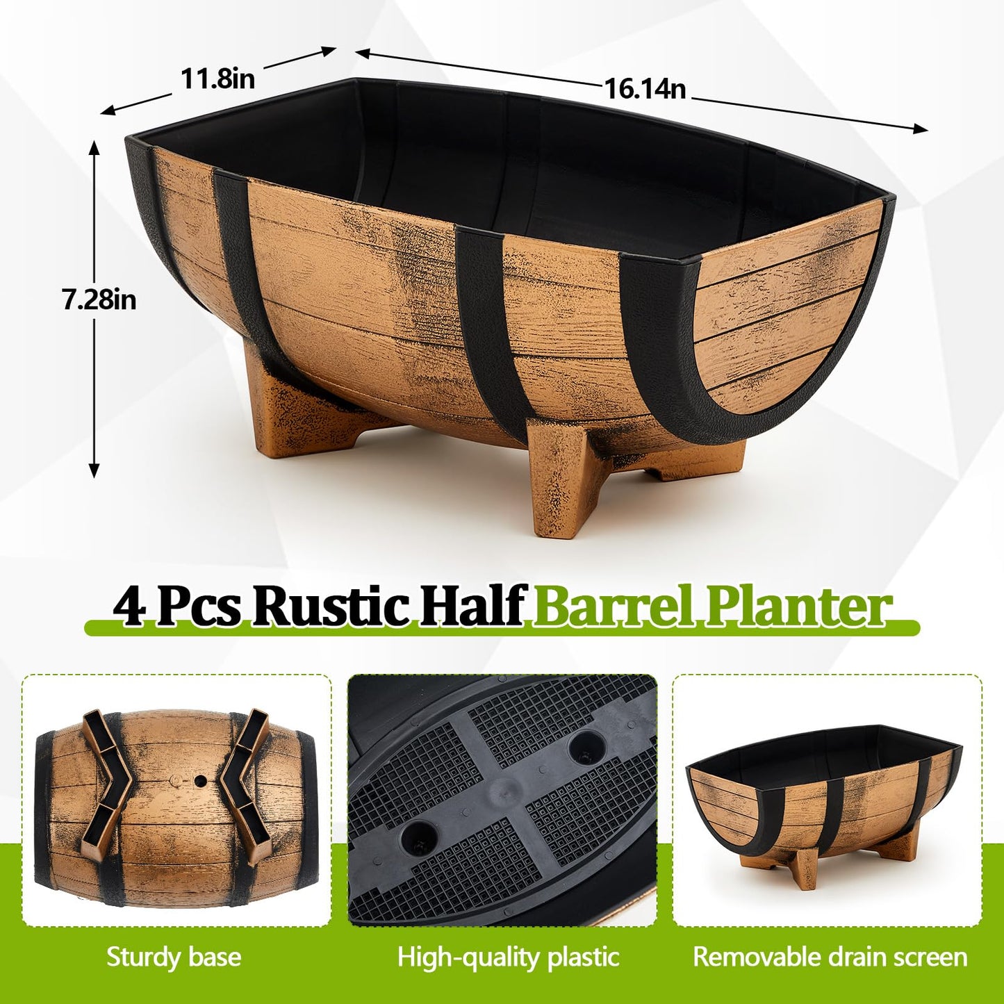 Set of 4 Whiskey Barrel Planters Half Barrel Planter with Removable Drain Screen Plant Flower Pot Weather Resistant Plastic Wine Planter Containers for Indoor Outdoor Garden, 16.14 x 11.8 x 7.28 Inch
