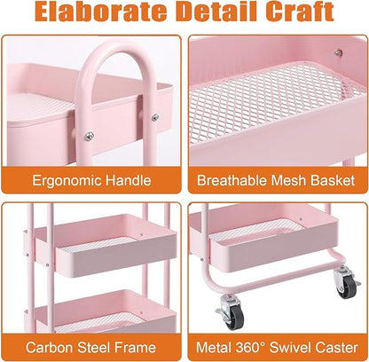 4 Tier Metal Rolling Cart Pink Utility Cart with Wheels,Rolling Pink Cart for Office,Home,Kitchen,Garden（13.4"x18.1"x40"）